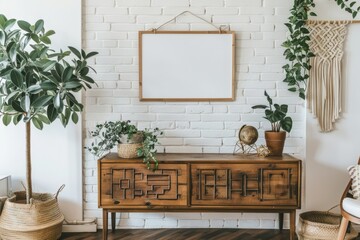 Wooden dresser, plants, chair, and white brick wall in a living room