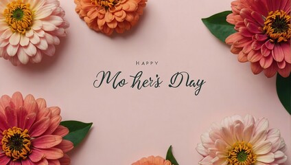 zinnia flower blooms on light pink pastel texture with Happy Mother's day text for holiday graphic card text copyspace