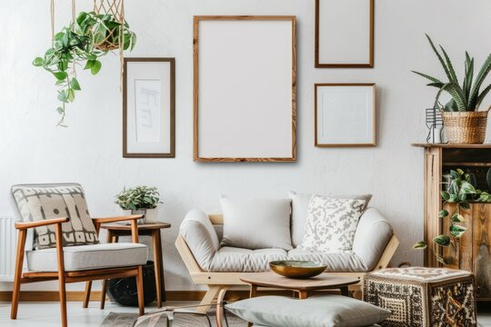 Interior design of a living room with furniture, plants, and picture frames