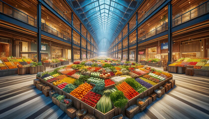 Indoor market hall filled with an extensive array of neatly organized fresh produce.
