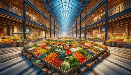 Deurstickers Indoor market hall filled with an extensive array of neatly organized fresh produce. © Hanna Tor