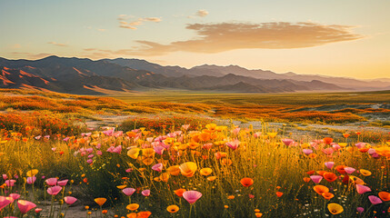 Golden light bathes a desert valley filled with colorful wildflowers at sunset.