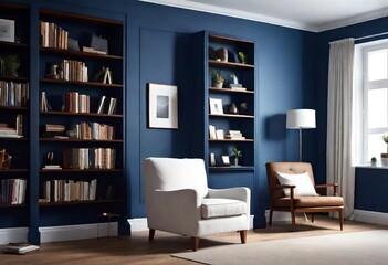 Fototapeta na wymiar Blue-hued living room featuring stylish bookshelves Relaxing space with blue walls and curated book collection, Serene blue-themed living room with organized bookshelves.