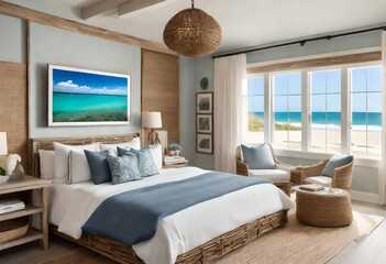 Peaceful ocean view from the bedroom, Relaxing room with a stunning sea vista, Serene bedroom overlooking the ocean.