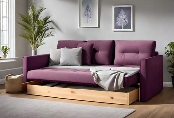 Lavender sofa with built-in trundle bed for guests, Elegant purple sofa featuring a convenient trundle bed, Modern purple couch with pull-out sleeper for added comfort.