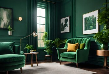 Stylish green-themed living room décor, Cozy living room featuring calming green hues, Vibrant green living room with modern furniture.  