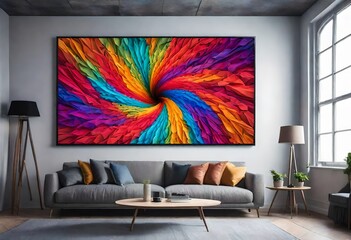Abstract art brings energy to the living space, Colorful artwork complements the cozy couch...