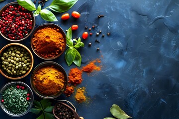 Various aromatic colorful spices and herbs. Ingredients for cooking, Ayurveda treatments, natural background - obrazy, fototapety, plakaty