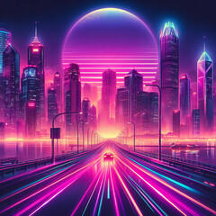 Synthwave retro cyberpunk style landscape road city background banner or wallpaper. Bright neon pink and purple colors