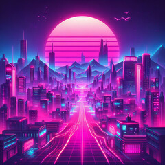 Synthwave retro cyberpunk style landscape road city background banner or wallpaper. Bright neon pink and purple colors