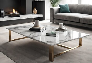 Contemporary design featuring marble coffee table and fireplace, Stylish home décor with marble coffee table in cozy living room, Elegant living room with marble coffee table, fireplace in background.