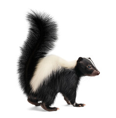 Cute skunk on isolated background, view from the back