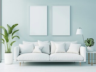 Sala de estar minimalista com cores claras. Apresenta um sofá branco com almofadas, plantas em pendente e em vaso, além de um quadro grande na parede, criando um ambiente sereno e contemporâneo. - obrazy, fototapety, plakaty