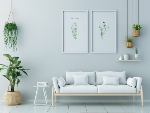 Sala de estar minimalista com cores claras. Apresenta um sof&aacute; branco com almofadas, plantas em pendente e em vaso, al&eacute;m de um quadro grande na parede, criando um ambiente sereno e contempor&acirc;neo.