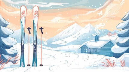 Ski and Ski Poles  Winter sports, handdrawn illustration, dreamy background