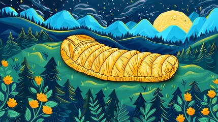 Sleeping Bag  Camping and adventure travel, handdrawn illustration, dreamy background