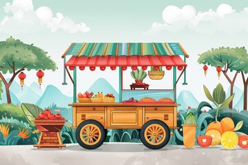 Street Food Cart  Local cuisine and cultural experiences, handdrawn illustration, dreamy background