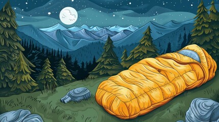 Sleeping Bag  Camping and adventure travel, handdrawn illustration, dreamy background