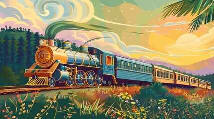 Train  Rail travel, evoking the romance of the journey, handdrawn illustration, dreamy background