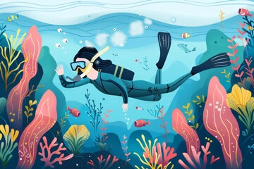 Snorkel  Underwater exploration, handdrawn illustration, dreamy background