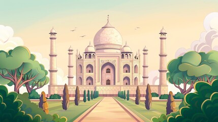 Taj Mahal  Emblematic Indian mausoleum, handdrawn illustration, dreamy background