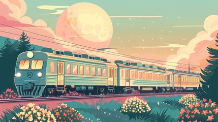 Train  Rail travel, evoking the romance of the journey, handdrawn illustration, dreamy background