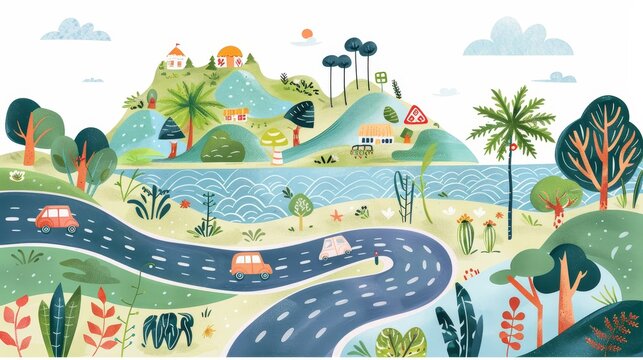 Road Map  Road trips and adventures, handdrawn illustration, dreamy background