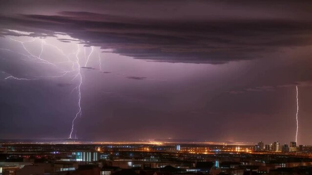 City Storm: Lightning pierces through dark clouds, illuminating the night sky with powerful flashes of electric energy