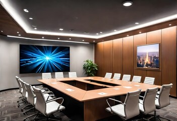 Workplace setting featuring a boardroom table and matching chairs, Interior of a conference room showcasing a sizable table and ergonomic chairs Boardroo setup with a sizable wooden table and stylish. - obrazy, fototapety, plakaty