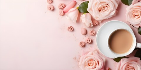 Obraz na płótnie Canvas Cup of coffee and roses on pink background. Stylish Pink Background with Coffee Cup and Roses