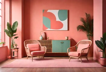 Relaxing atmosphere with pink walls and wicker chairs, Serene living space with pink walls and wicker chairs, Chic and elegant décor featuring pink walls and wicker chairs. - obrazy, fototapety, plakaty