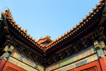 Close up on the roof details of Yonghegong Lamasery, Yonghe Lamasery, Beijing
