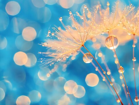 Beautiful dew drops on a dandelion seed macro, blue background, Large golden dew drops on a parachute dandelion