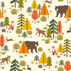 Vector seamless pattern of forest animals, trees, bushes, mushrooms and berries. Autumn woodland landscape surface pattern design. - obrazy, fototapety, plakaty