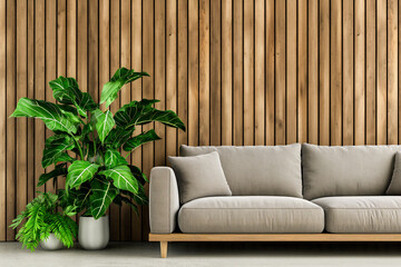 Sofá clean em uma sala minimalista, destacando-se contra uma parede de ripas de madeira rústica, complementada por uma planta, criando um ambiente simples e elegante - obrazy, fototapety, plakaty
