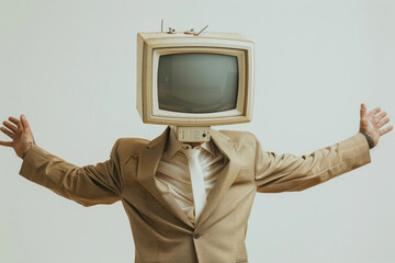 Businessman wearing a vintage computer monitor on their head