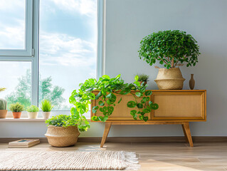 Sala de estar contemporâneo eco-friendly, com um aparador em madeira rústica complementado por uma variedade de plantas, criando um ambiente acolhedor e conectado à natureza - obrazy, fototapety, plakaty
