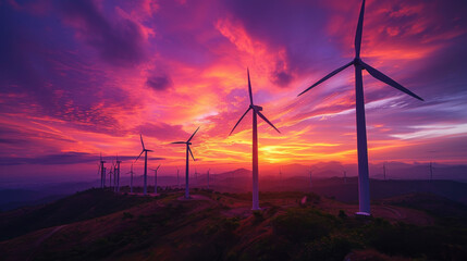 Obraz premium Wind turbines at sunset and a dramatic sky