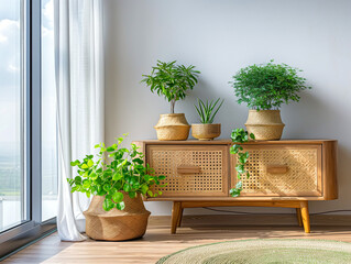 Sala de estar contemporâneo eco-friendly, com um aparador em madeira rústica complementado por uma variedade de plantas, criando um ambiente acolhedor e conectado à natureza - obrazy, fototapety, plakaty
