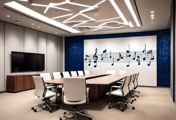 Wall art featuring musical notes in a conference room, Music-themed décor in a conference room...