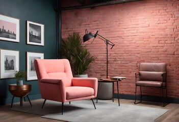 Contrast of pink chair with brick wall background, Vibrant pink chair in front of rustic brick...