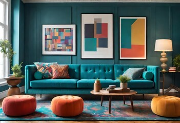 Modern living room featuring striking color contrast, Cozy home décor with colorful accents, Vibrant living room with turquoise couch and orange ottomans.  
