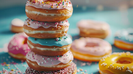 Donuts are stacked on a blue surface, their light emerald and pink frosting contrasting with the...