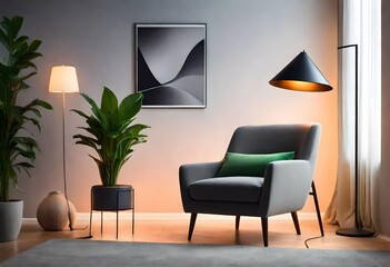 Tranquil setting with a chair, a light, and a touch of nature in a plant, Inviting living space with a chair, a lamp, and a vibrant plant, Relaxation spot with a comfy chair, a lighted lamp.