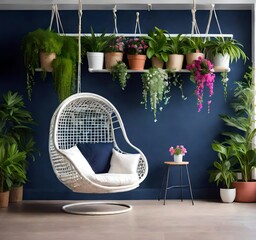 A peaceful corner with hanging plants and a comfy wicker chair, Tranquil setting with a wicker chair and greenery-covered walls, A cozy wicker chair surrounded by lush hanging plants in a serene room.