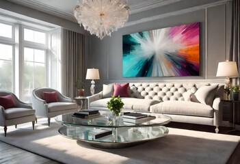 Vibrant artwork adds pop of color to contemporary living space, Modern décor with eye-catching painting as focal point, Colorful wall art enhances trendy living room design.