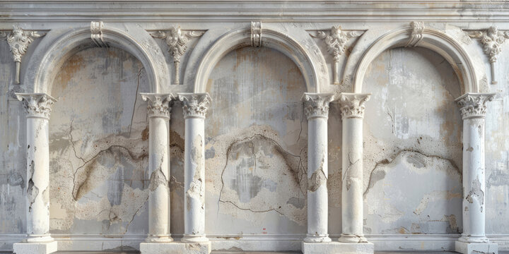 pillars and arches stand in front of a white wall, embodying baroque nu-vintage in gray and beige with architectural precision and trompe l'oeil technique.