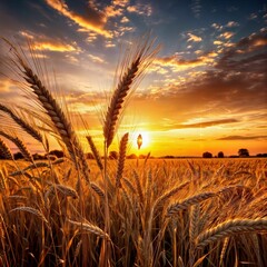sunset landscape Ears of golden wheat