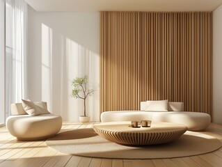 Sala de estar eco-friendly com móveis modernos de formas arredondadas e uma parede com ripas de madeira. Móveis ecologicamente projetados, combinando funcionalidade, estilo e sustentabilidade.