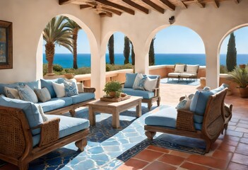 Serene ocean view from a wicker patio, Coastal vibes on a wicker furnished deck, Tranquil patio with ocean backdrop.